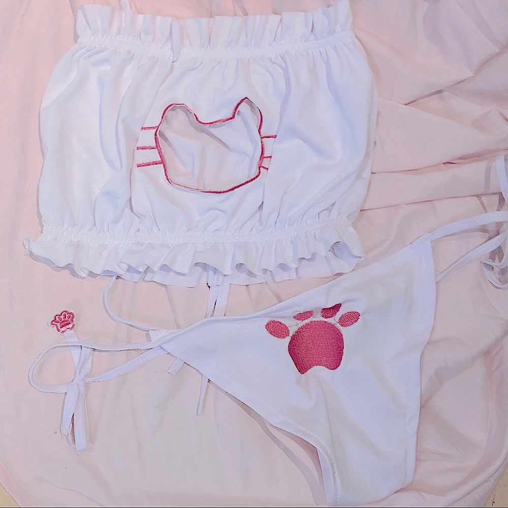 White and Pink Kitten Lingerie Set
